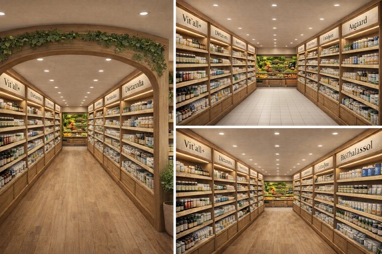 Projection d'aménagement de rayons santé et bien-être en bois clair